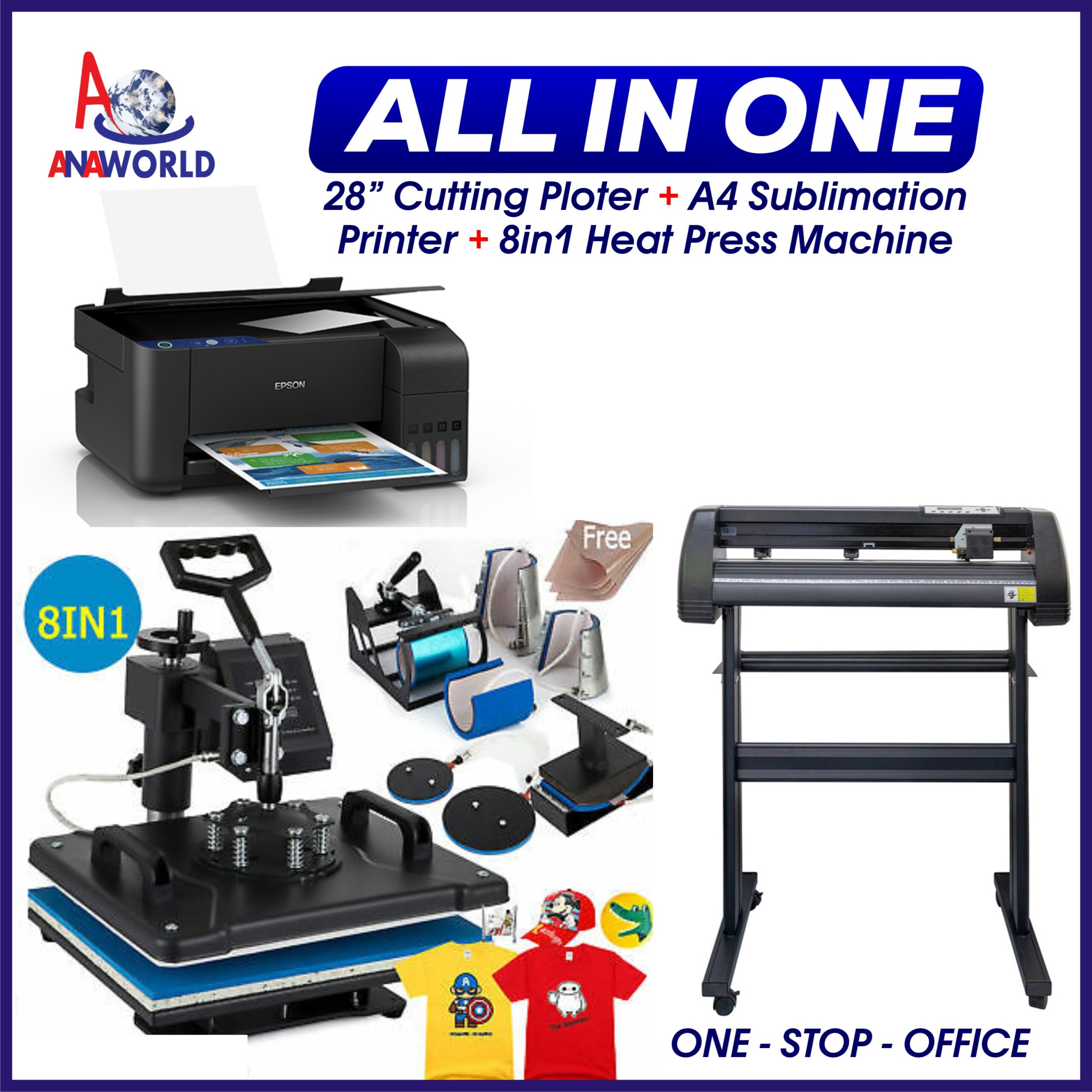 720J (28inches) Plotter + Epson A4 Sublimation Printer + 8 in 1 Heat Press Machine